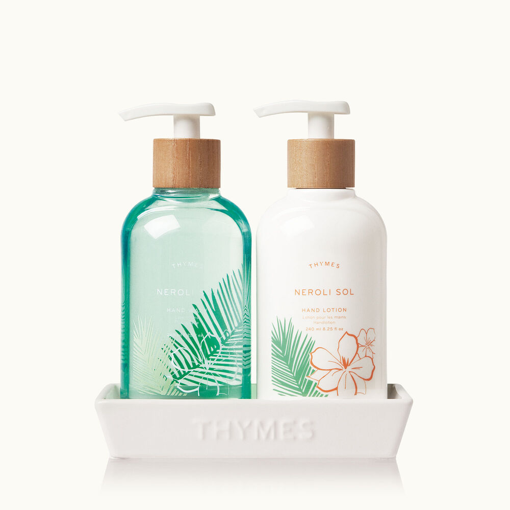 Thymes Neroli Sol Sink Set with ceramic caddy and hand care products image number 0